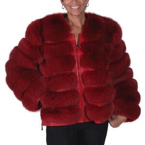 Red dyed 24” Fox Fur Zip Jacket with Leather and Zip Off Half-Sleeve